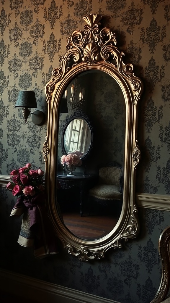 An ornate vintage mirror with a gold frame, reflecting a cozy corner of a dark feminine bedroom, adorned with roses.