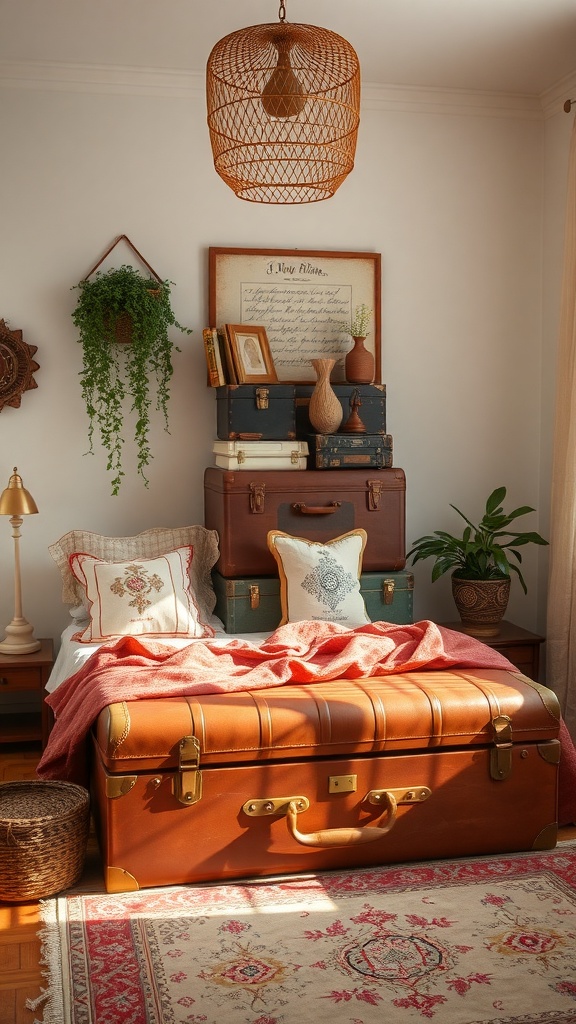A boho bedroom featuring vintage suitcases as decor, with a cozy bed and plants.
