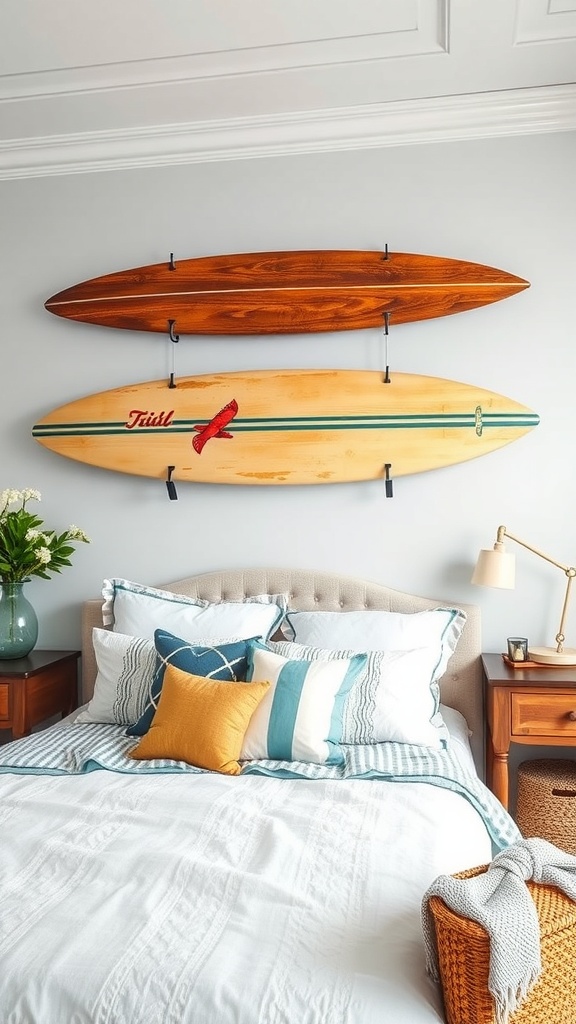 A coastal bedroom featuring vintage surfboards mounted on the wall above a neatly made bed with colorful pillows.