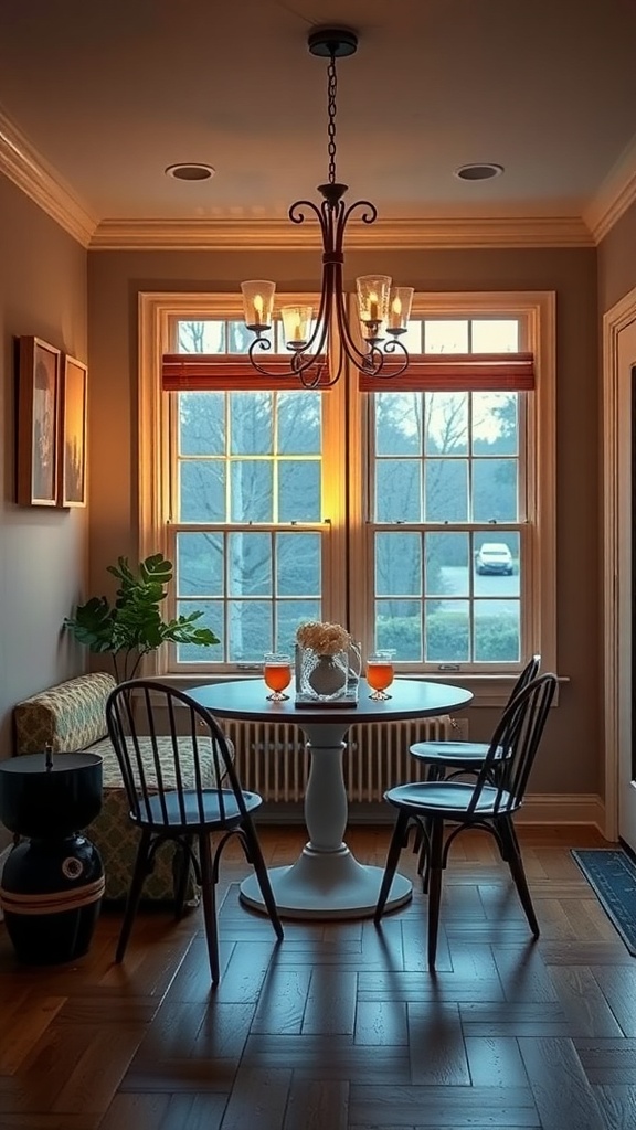 A cozy farmhouse breakfast nook with warm lighting, featuring a round table, chairs, and a chandelier.