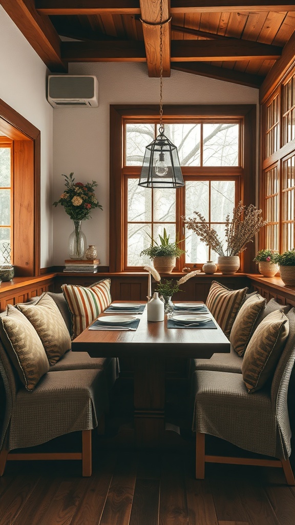 A cozy breakfast nook featuring warm wood elements, comfortable seating, and natural light from large windows.