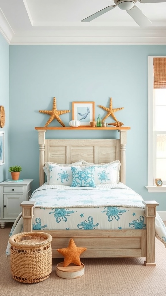 Coastal bedroom with light blue walls, octopus patterned bedding, and starfish decor.