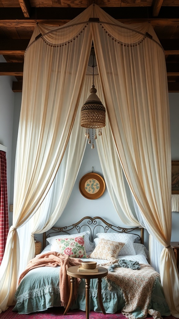 A cozy bedroom with soft canopy drapes framing a bed, featuring warm colors and boho decor.