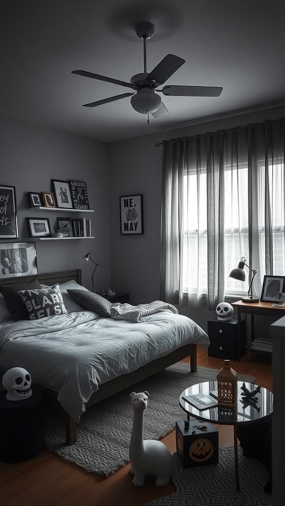 A dark feminine bedroom featuring playful decor elements like a dinosaur figurine and skull accents.