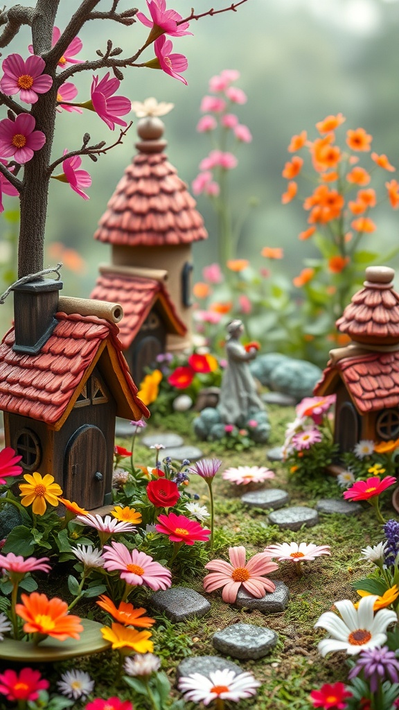 A whimsical fairy garden with miniature houses, colorful flowers, and a winding stone path.