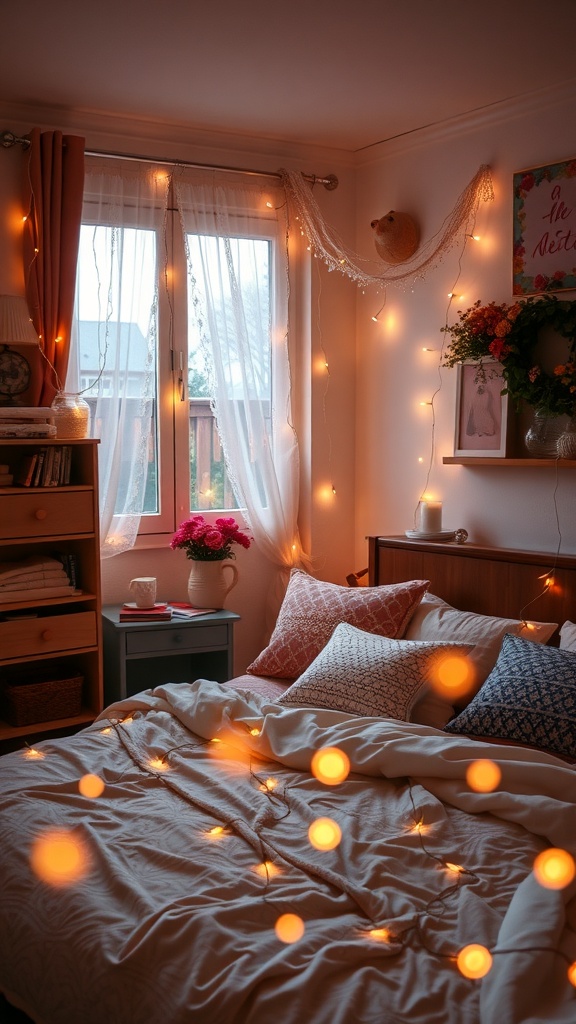 A cozy bedroom with fairy lights draped around the windows and bed, creating a warm atmosphere.
