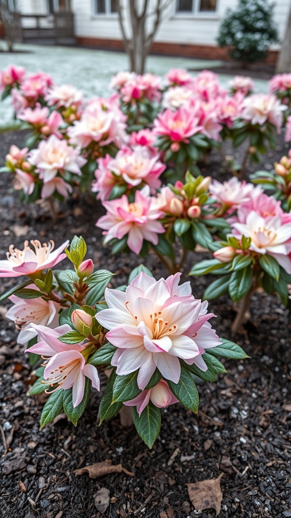Pink and white azaleas blooming in a garden during winter