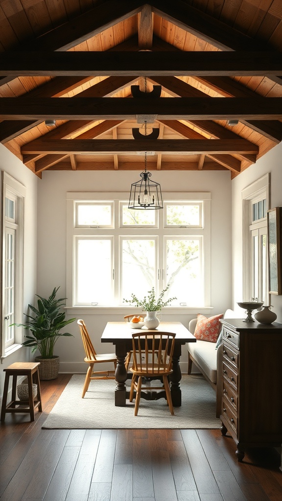 A cozy farmhouse breakfast nook with wooden beams, vintage fixtures, and natural light.