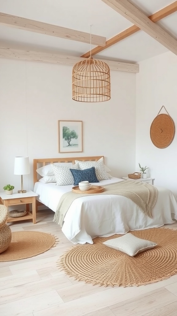 A coastal bedroom featuring woven textiles, including a soft throw, jute rugs, and decorative baskets.
