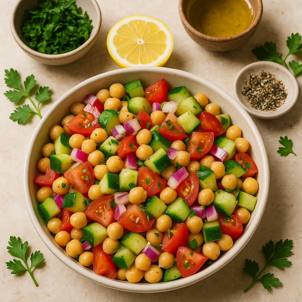 A colorful Mediterranean chickpea salad with tomatoes, cucumbers, and parsley.