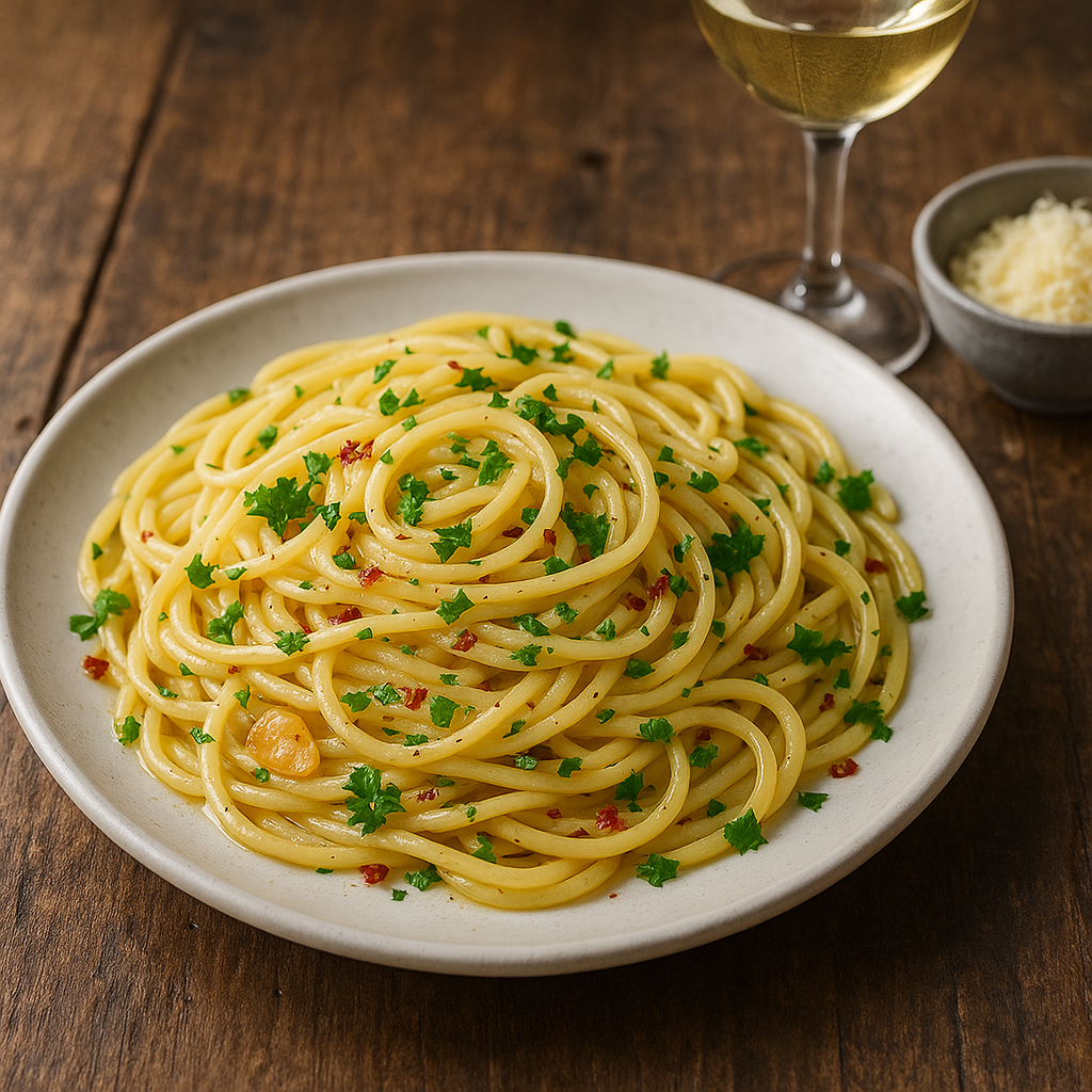 A plate of spaghetti aglio e olio garnished with parsley and red pepper flakes.