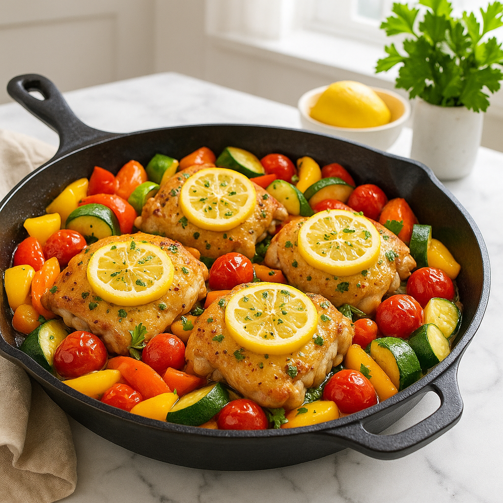 One-Pan Lemon Garlic Chicken with colorful vegetables in a skillet