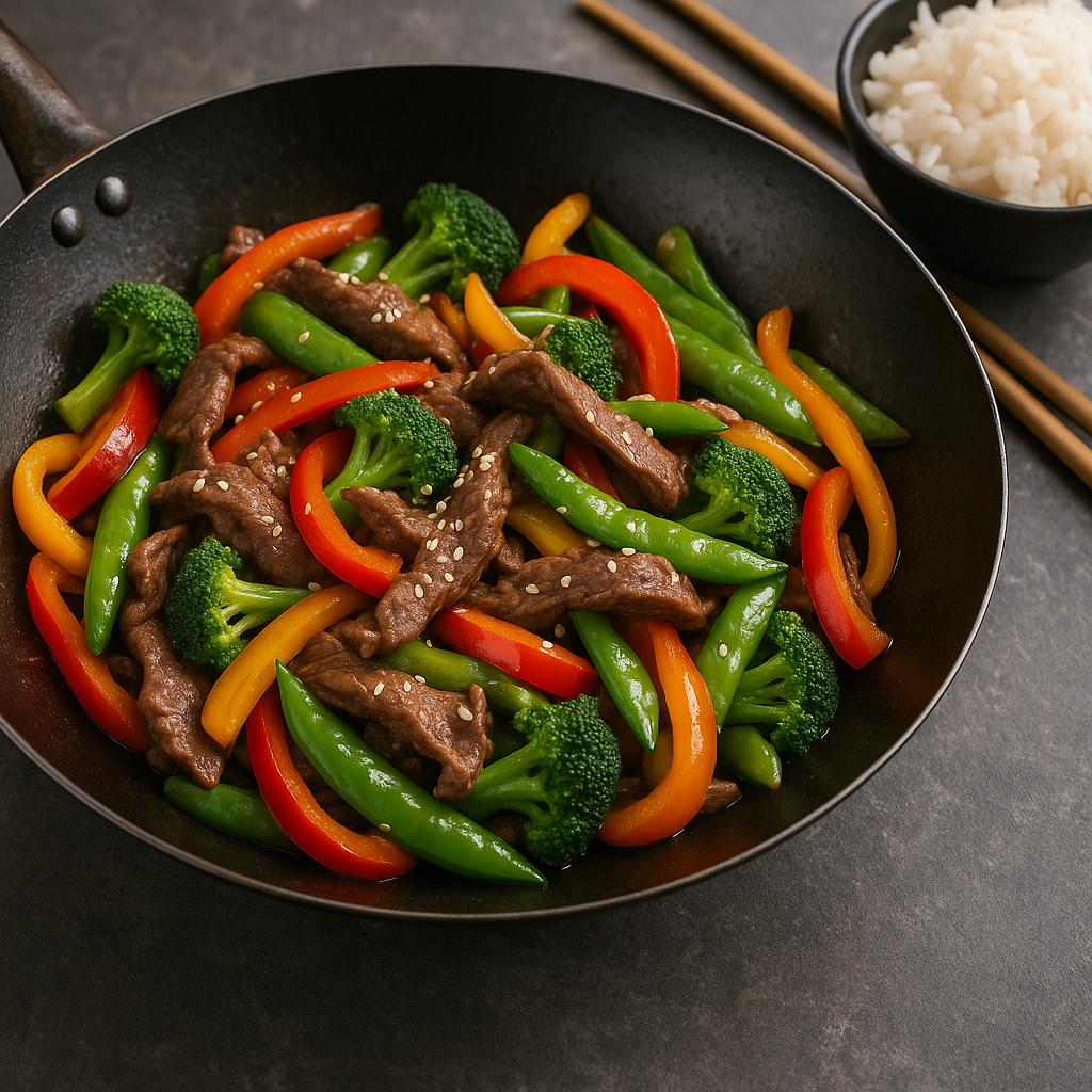 A colorful beef stir-fry with broccoli, bell peppers, and snap peas in a wok.