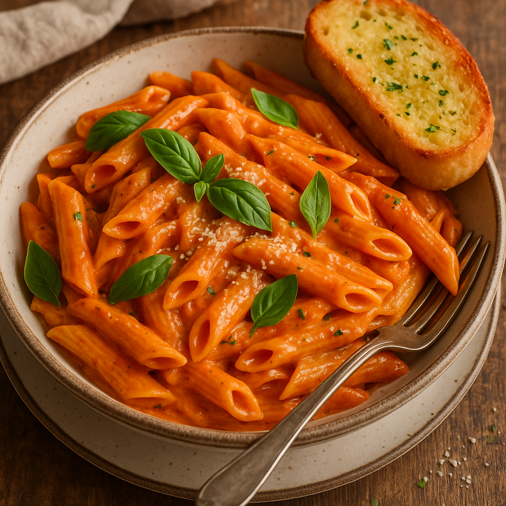 A bowl of creamy tomato basil pasta with a side of garlic bread.