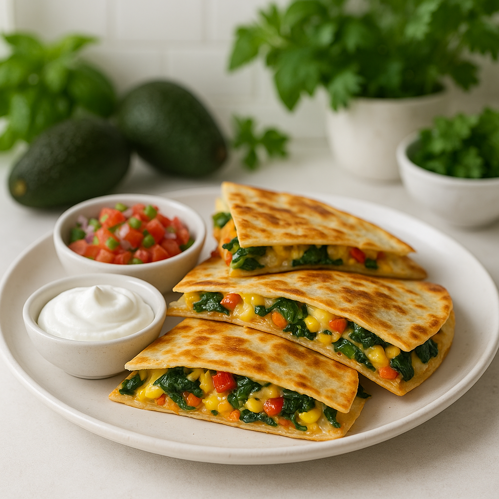 A plate of veggie quesadillas with salsa and sour cream