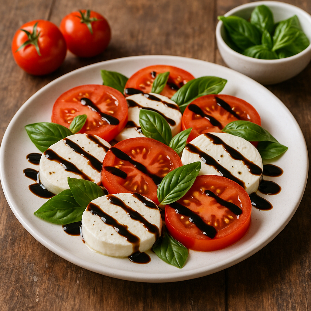 A plate of Caprese salad with tomatoes, mozzarella, and basil.