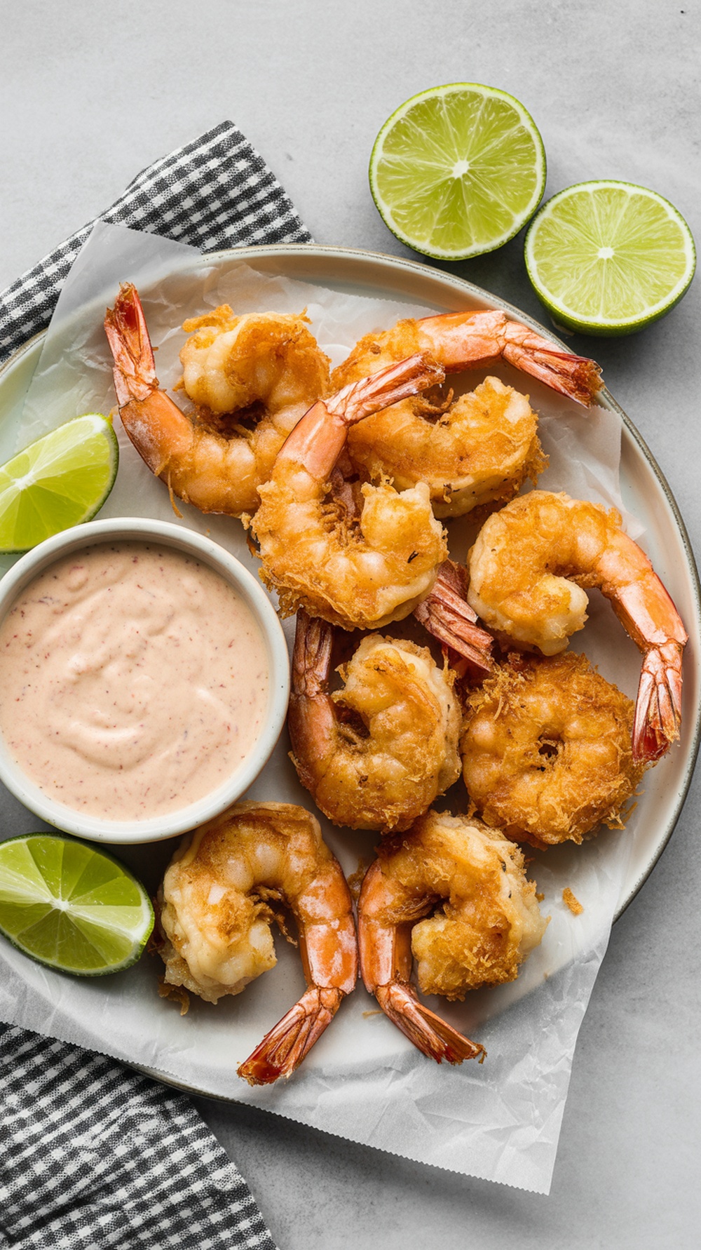 Plate of crispy coconut shrimp with lime wedges and dipping sauce