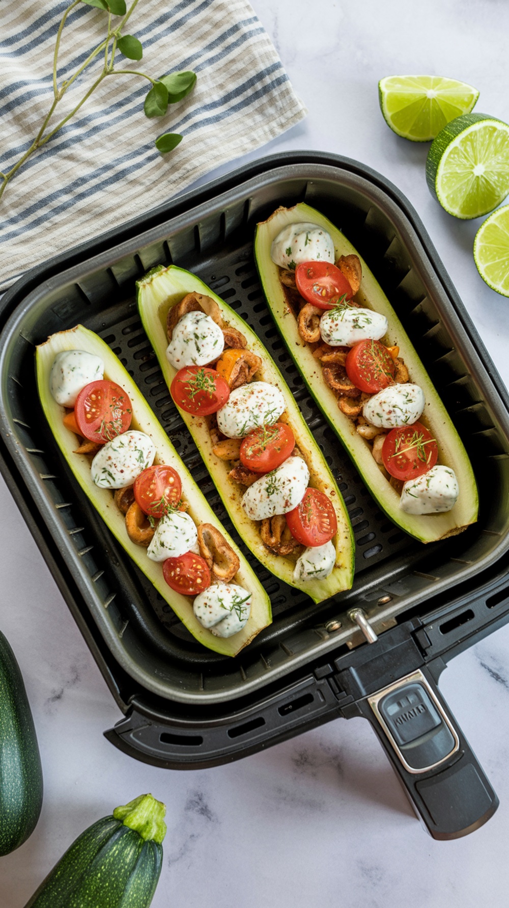 Air fryer Greek-style stuffed zucchini with tomatoes and feta cheese