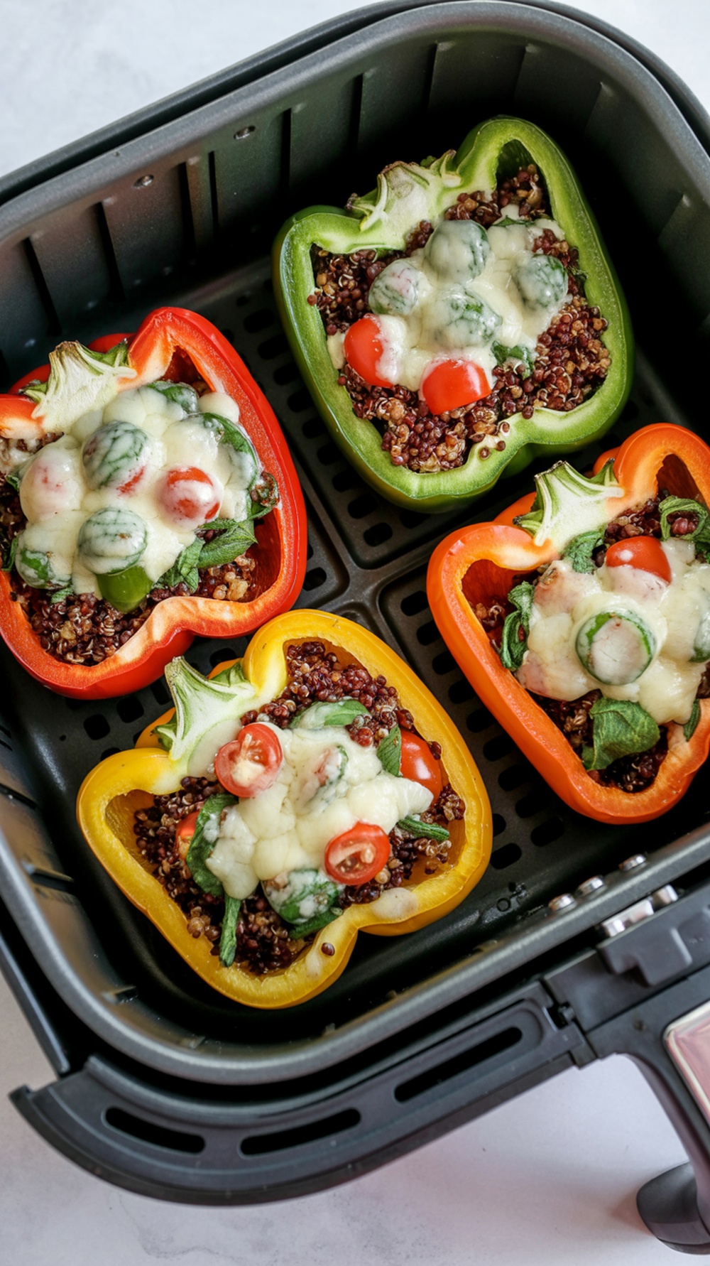 Air fryer with colorful quinoa-stuffed bell peppers inside