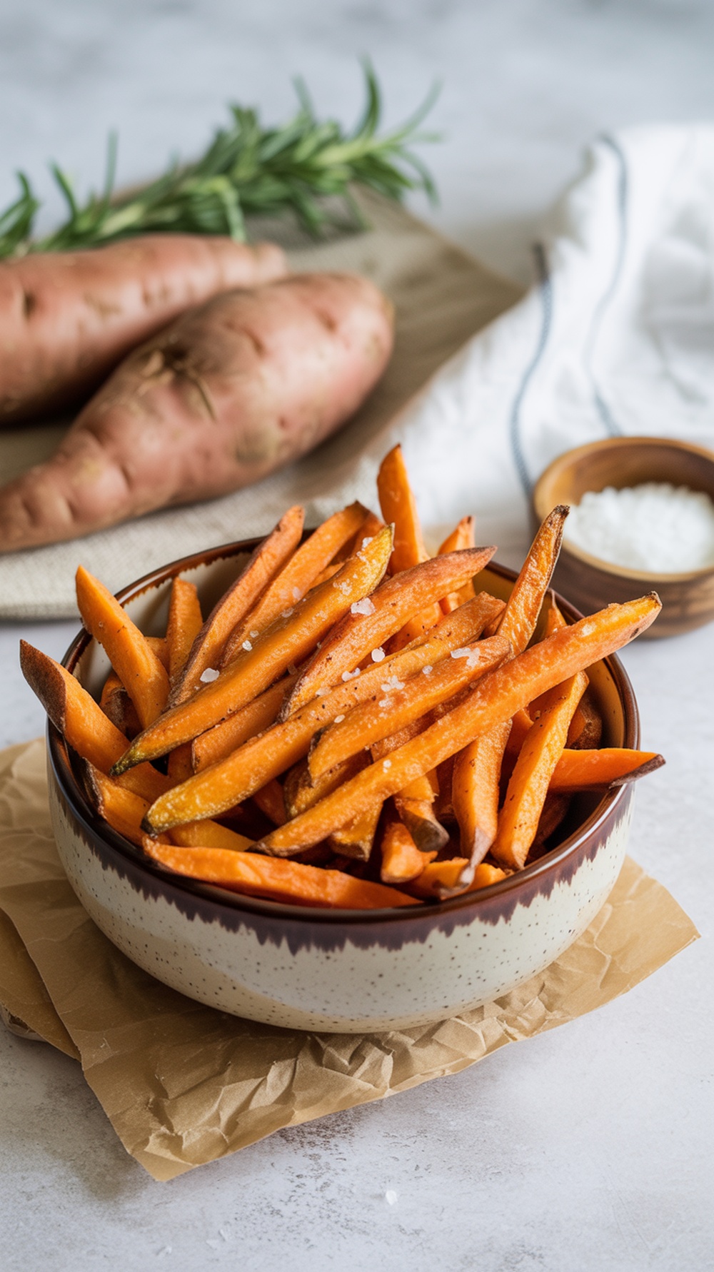 Bowl of crispy air fryer sweet potato fries with fresh sweet potatoes in the background