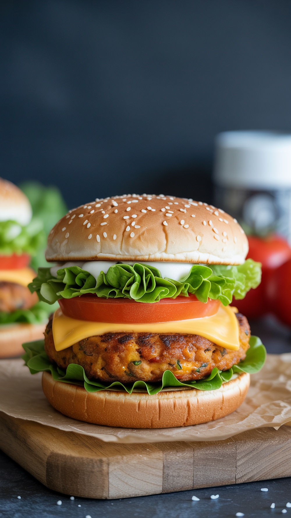 A delicious air fryer veggie burger with lettuce, tomato, and cheese on a sesame seed bun.