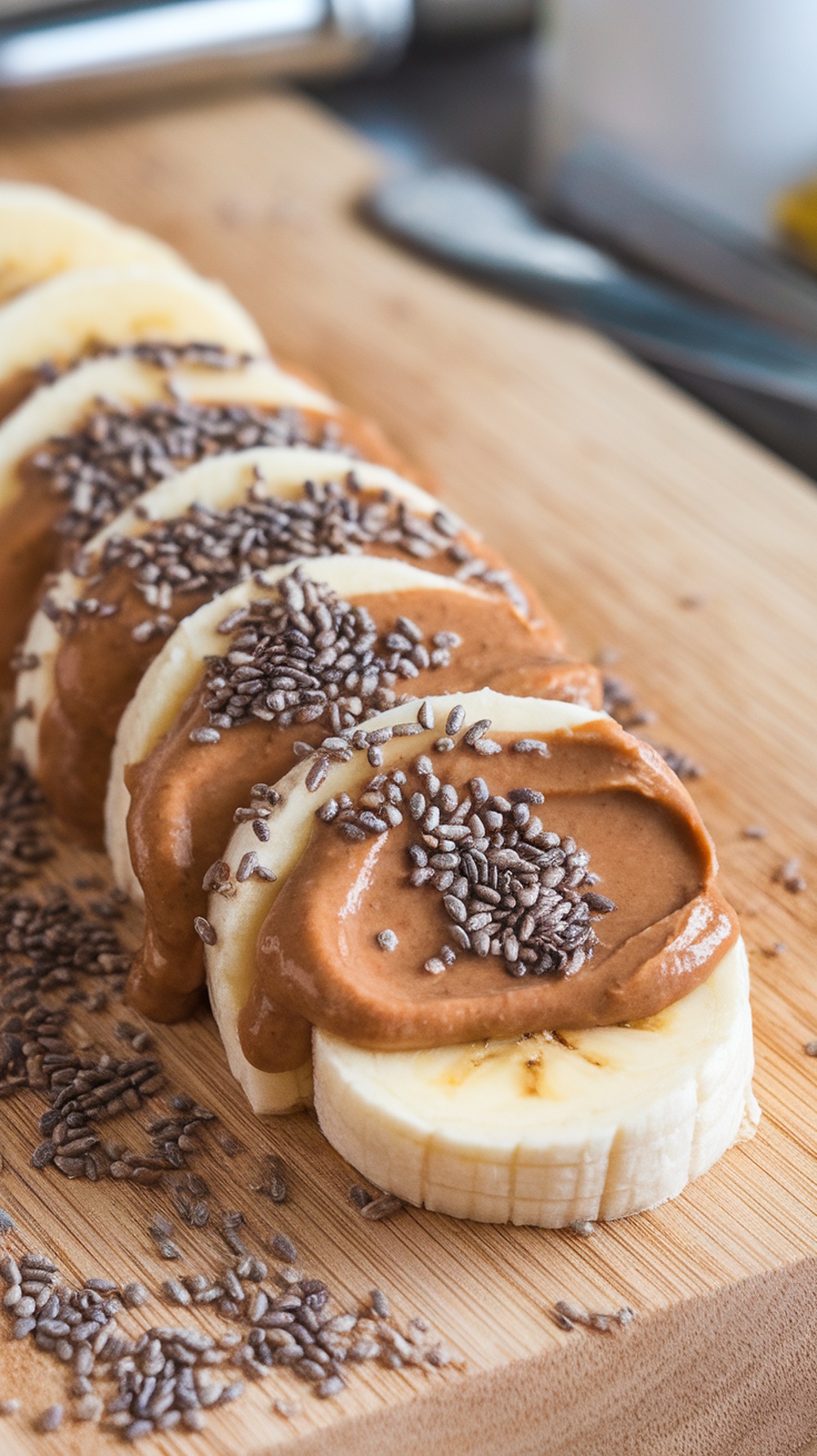 Sliced banana topped with almond butter and chia seeds on a wooden cutting board.