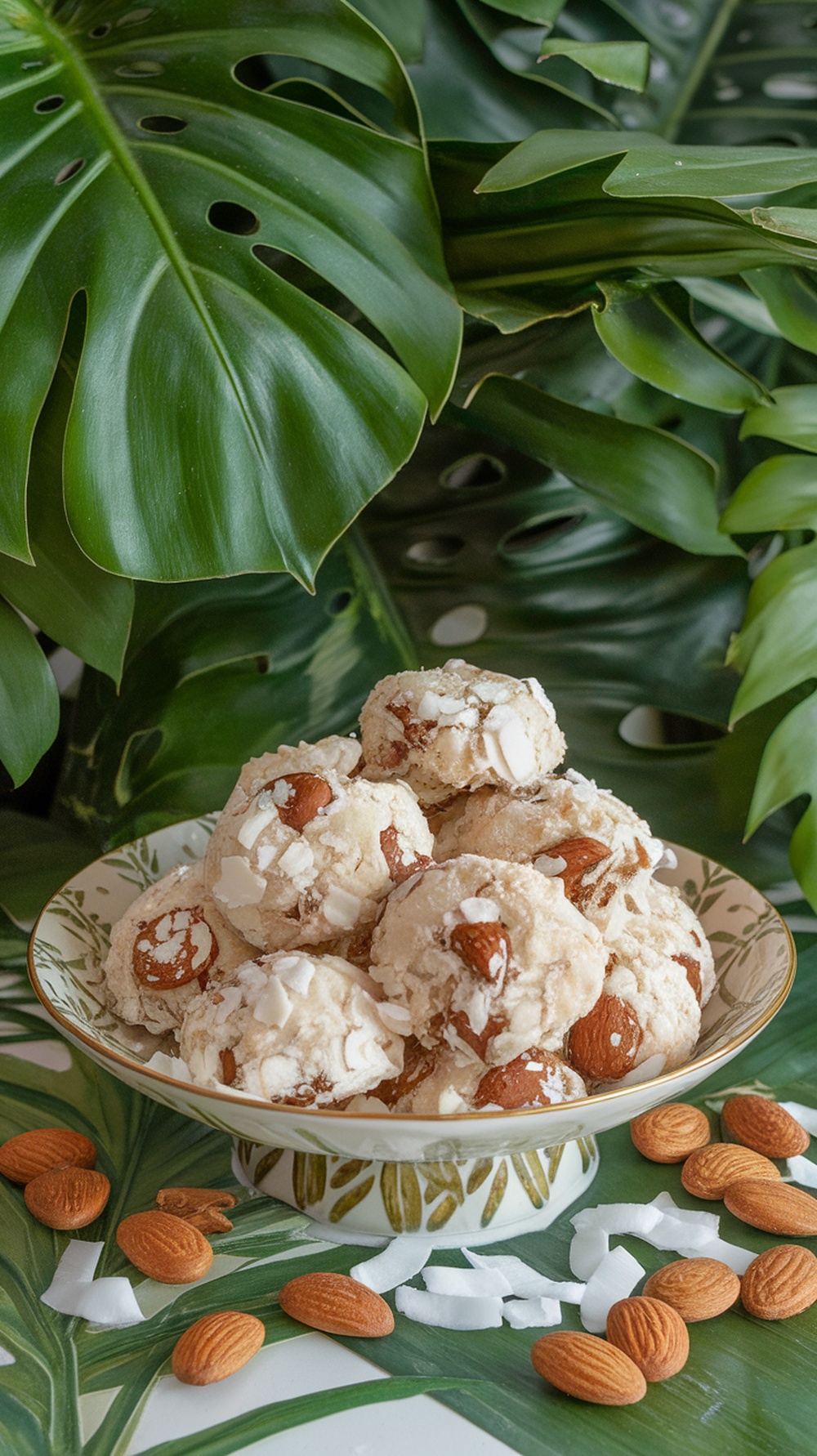 A plate of Almond Joy Coconut Cookies surrounded by almonds and coconut flakes on a green leaf background.