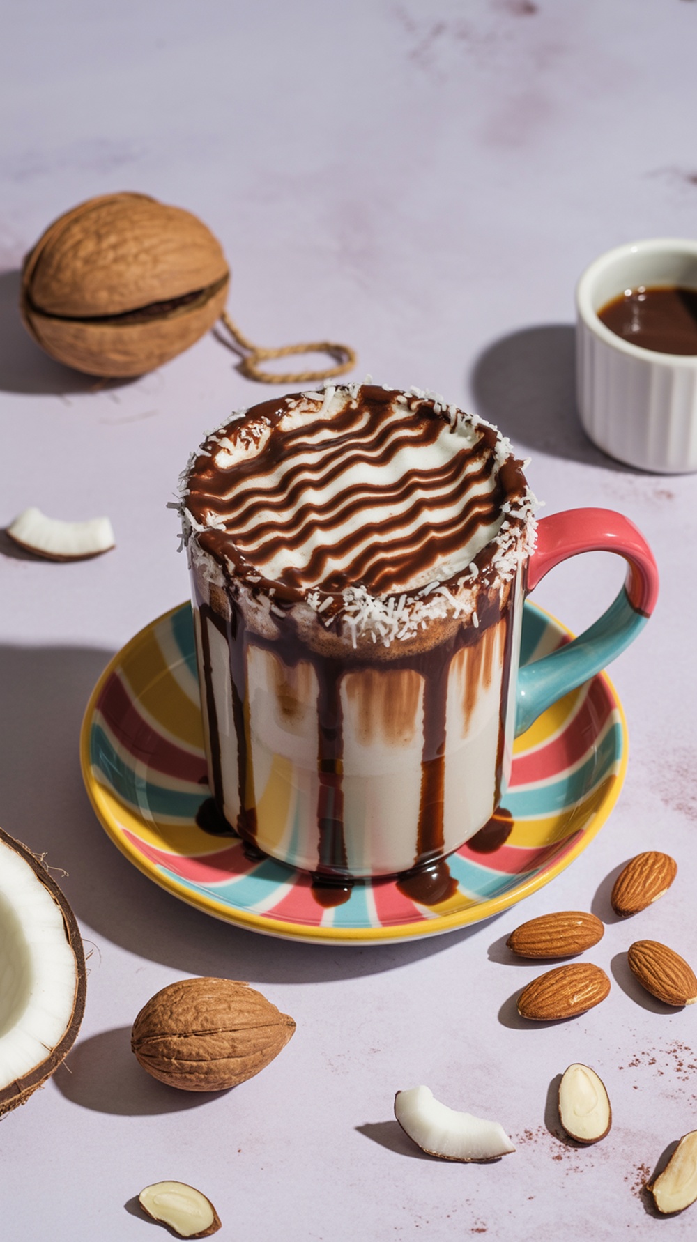 A cup of Almond Joy Coffee Delight topped with whipped cream and chocolate syrup, surrounded by almonds and coconut.