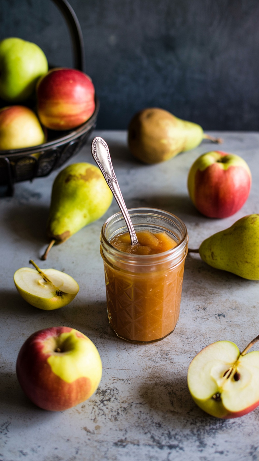 A jar of homemade apple and pear sauce surrounded by fresh apples and pears.