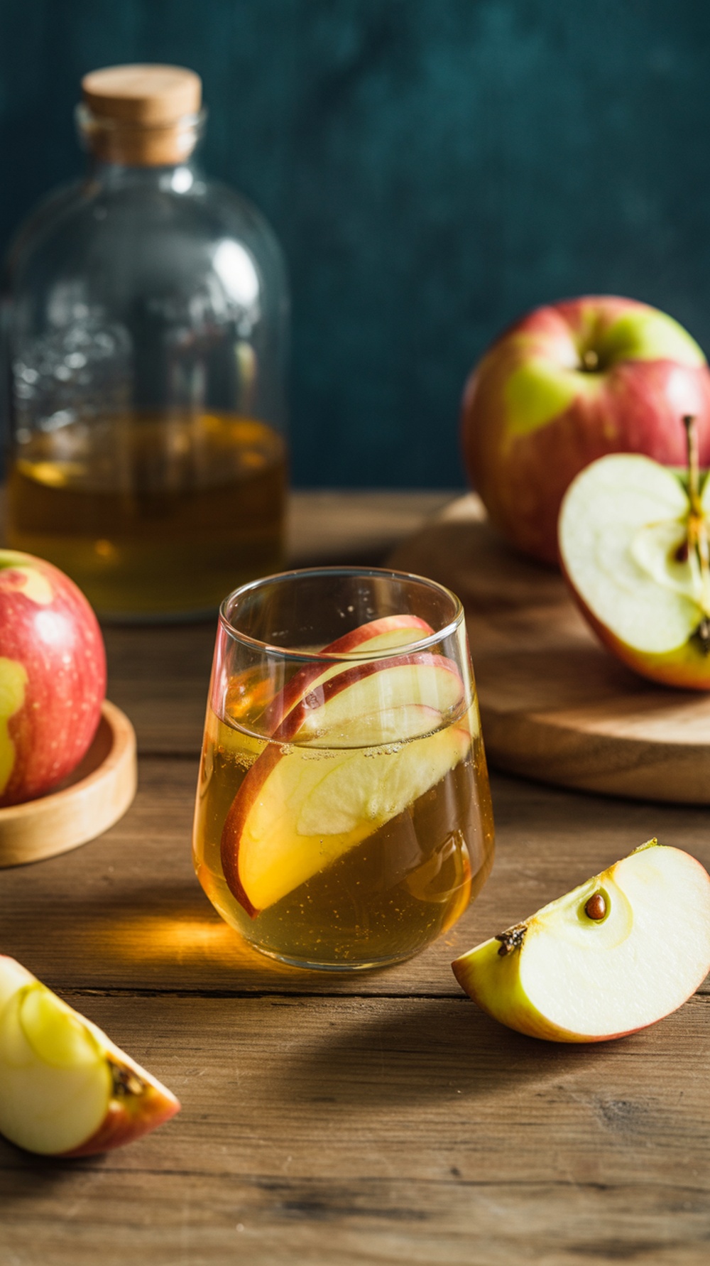 A glass of apple cider vinegar tonic with apple slices, surrounded by fresh apples.