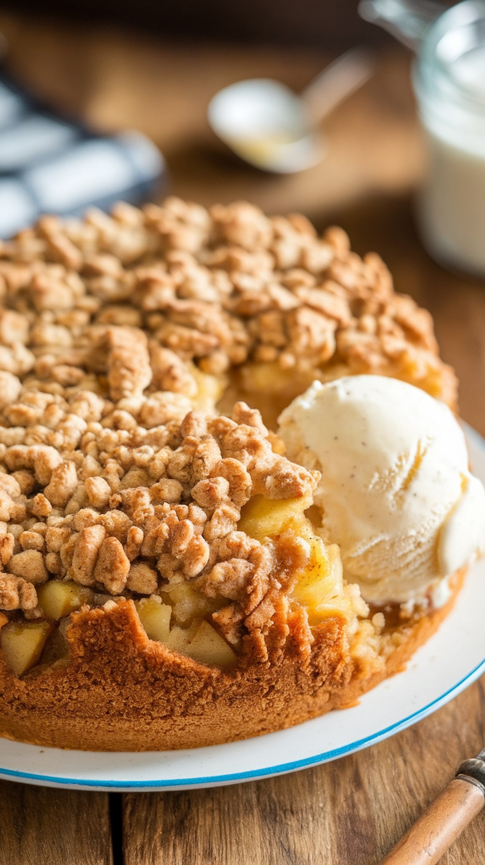 Apple Cinnamon Crumble dessert served with a scoop of ice cream.