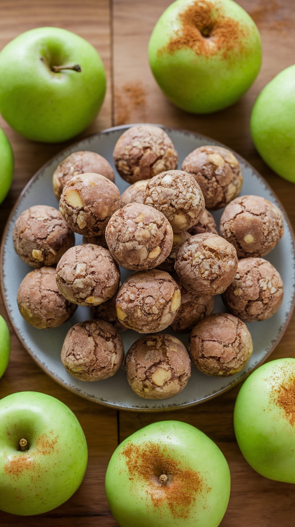 A plate of apple cinnamon energy bites surrounded by green apples and sprinkled with cinnamon.