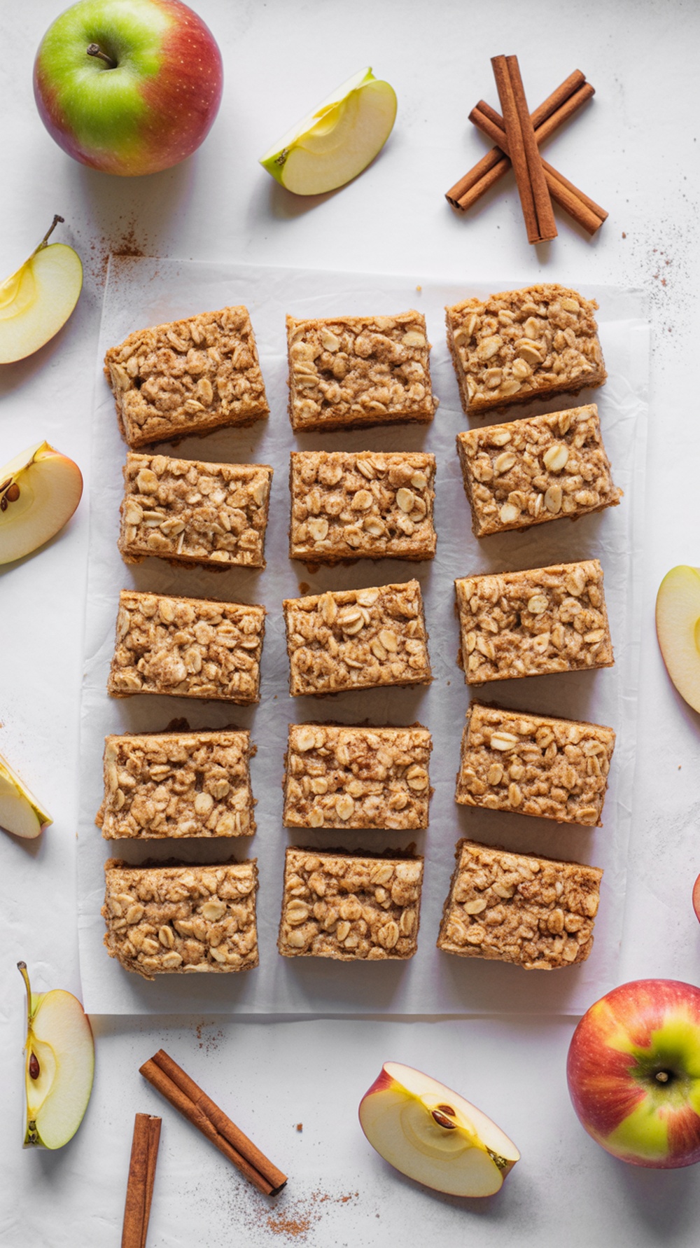 Apple Cinnamon Oatmeal Bars with apples and cinnamon sticks