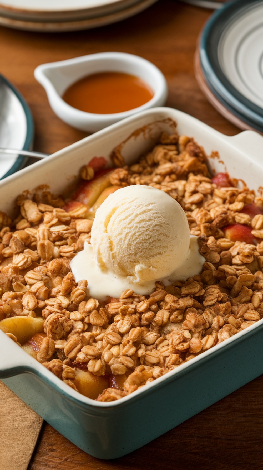 A delicious apple crisp topped with oats and a scoop of vanilla ice cream.