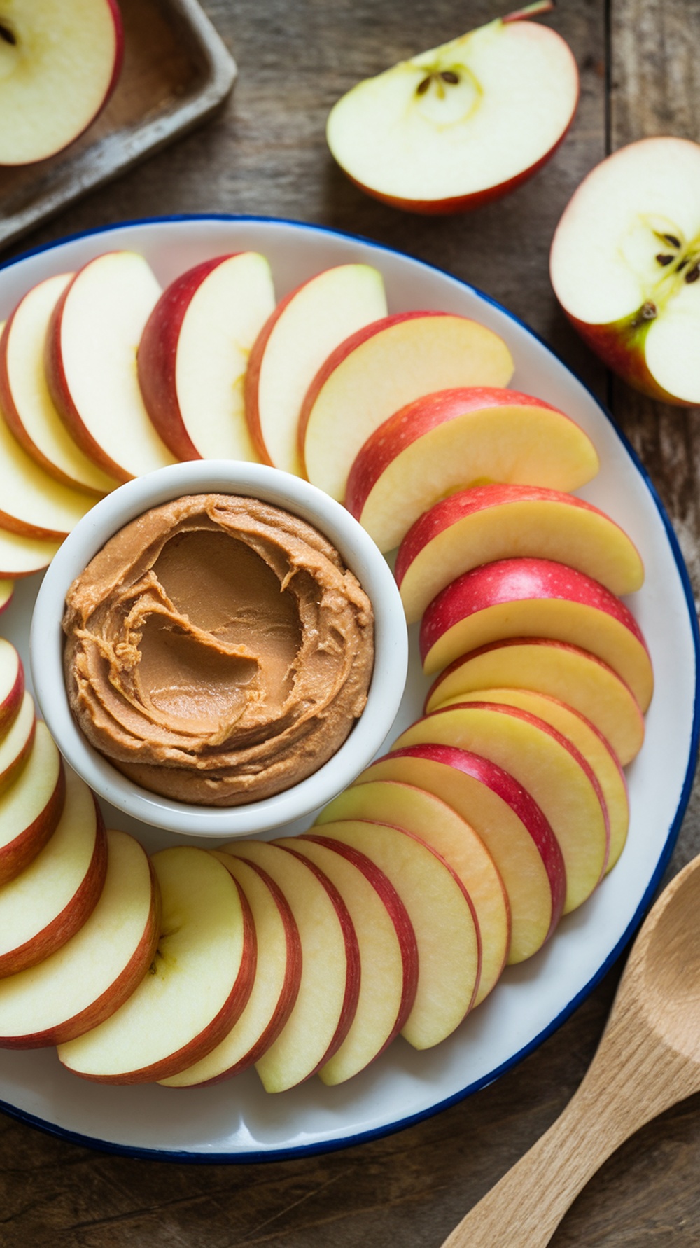 A plate of apple slices arranged around a bowl of peanut butter.