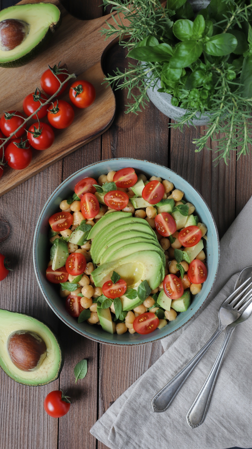 A fresh avocado chickpea salad with cherry tomatoes, avocados sliced on top, and garnished with herbs.