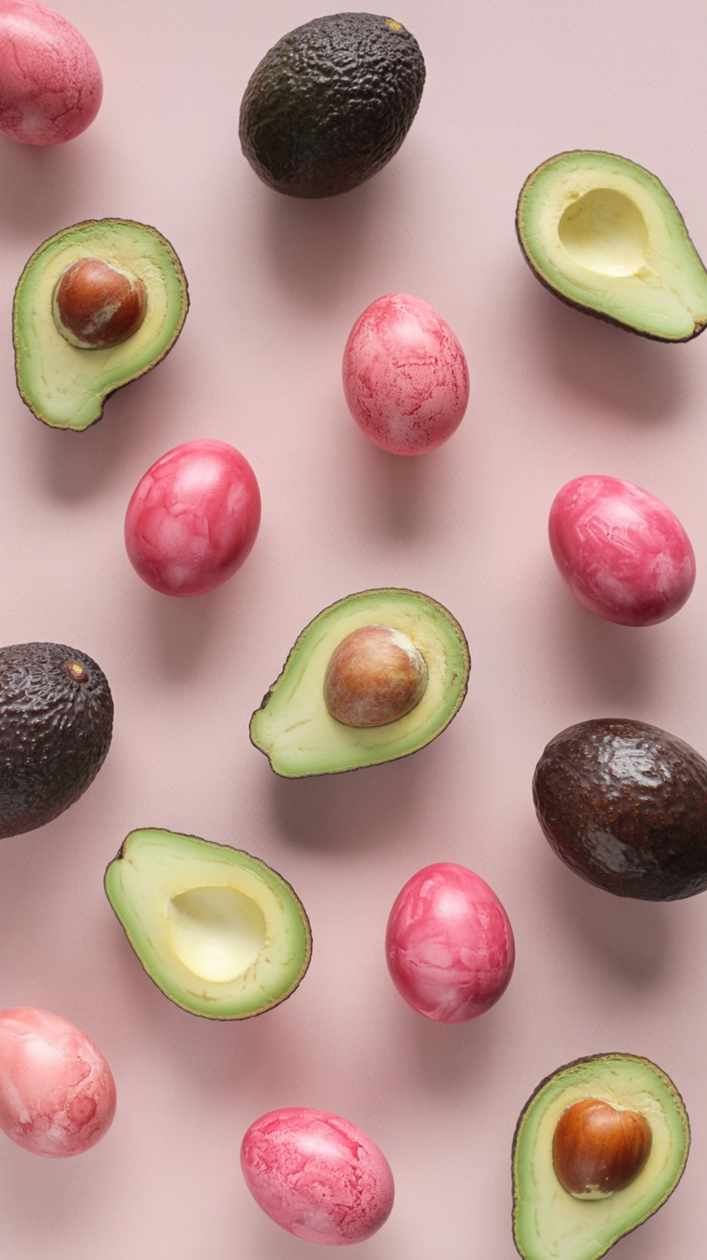 An assortment of avocado pits and pink dyed Easter eggs scattered on a pink surface.
