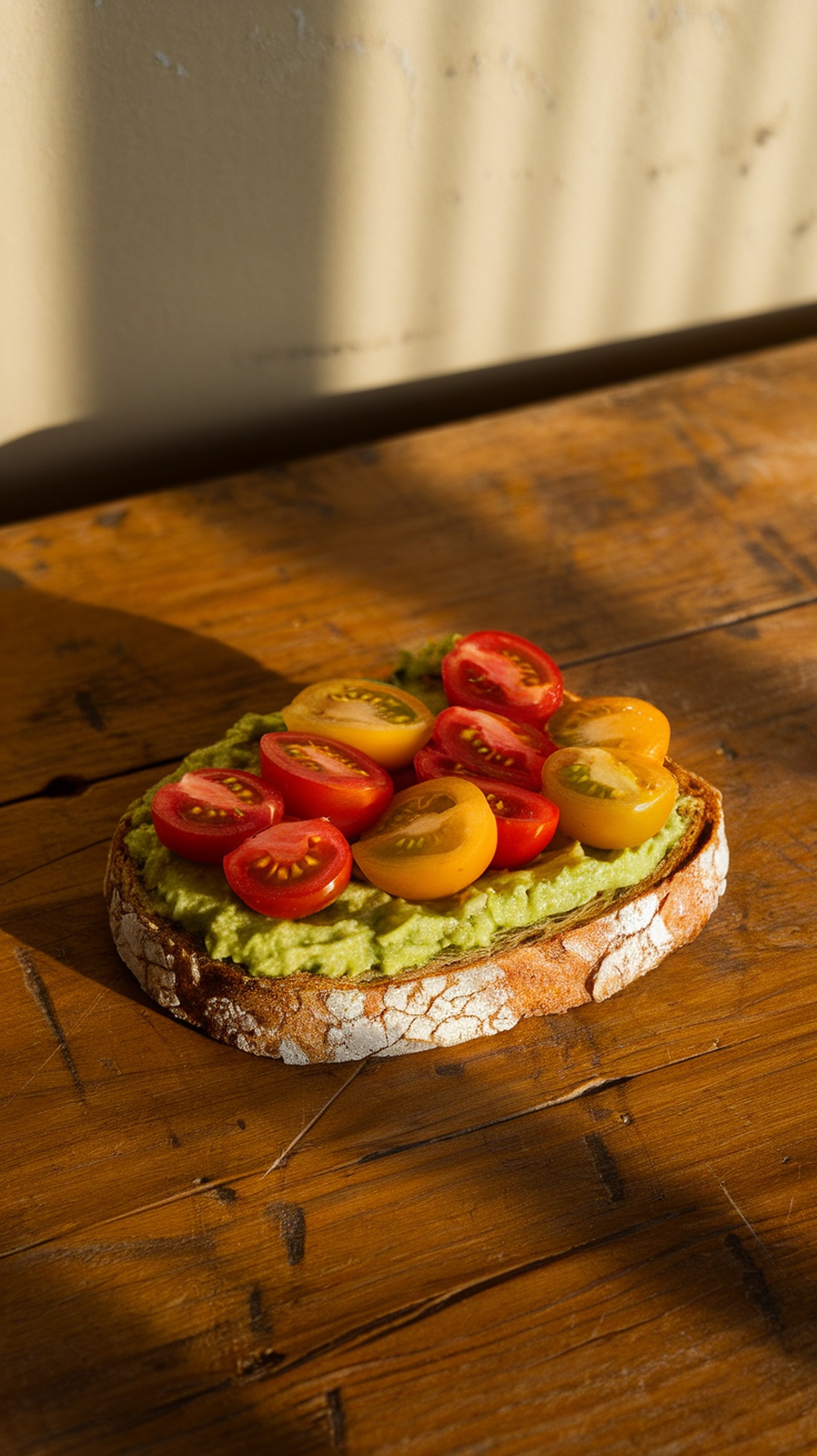 Avocado toast topped with cherry tomatoes on a wooden table