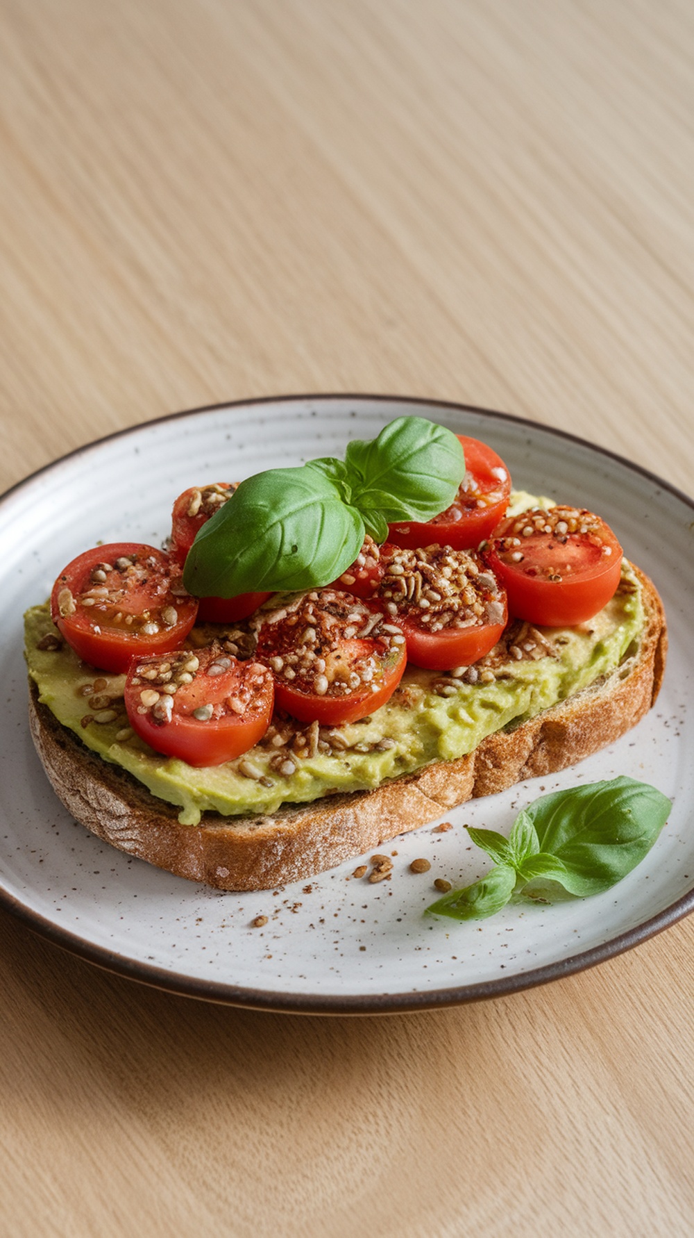 A plate of avocado toast topped with cherry tomatoes and basil