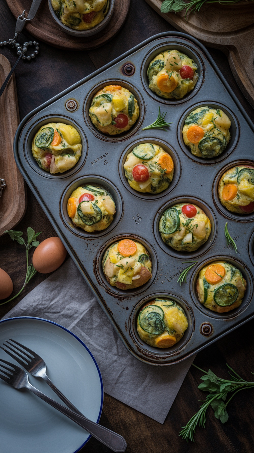 A tray of baked egg muffins with vegetables, showcasing colorful ingredients like spinach, bell peppers, and cherry tomatoes.