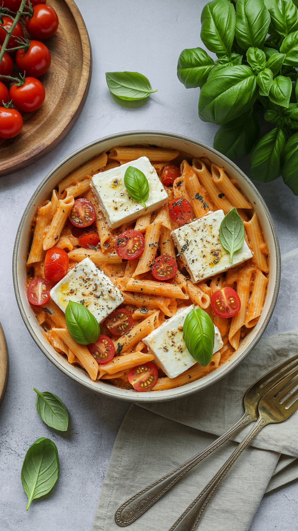 A bowl of baked feta pasta with cherry tomatoes and fresh basil.