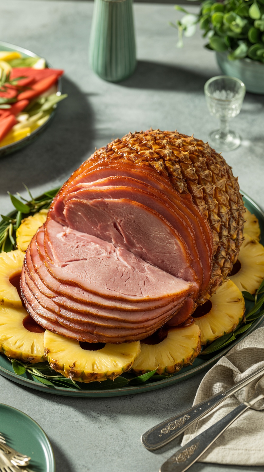 A beautifully glazed baked ham with pineapple, served on a platter with pineapple rings.
