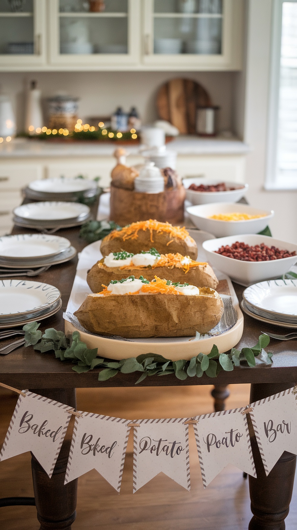 A cozy baked potato bar setup with various toppings.