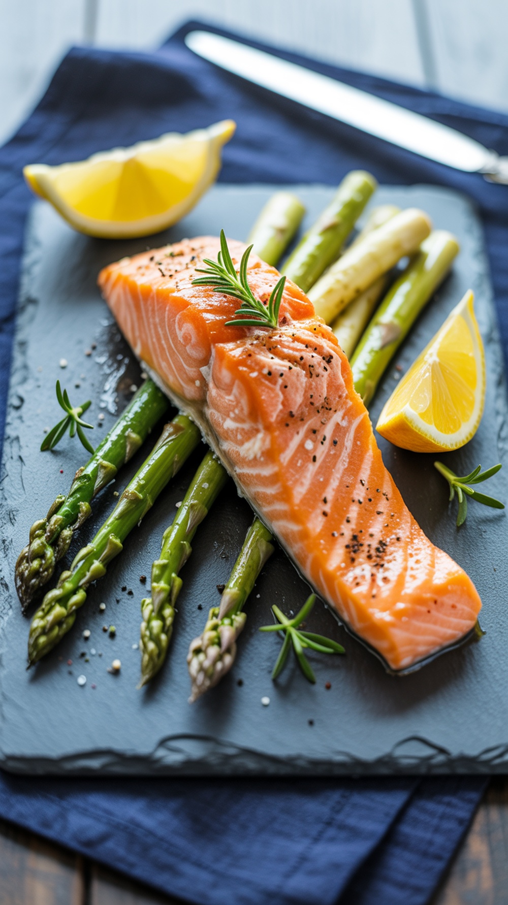 Baked salmon fillet on a slate plate with asparagus and lemon slices.