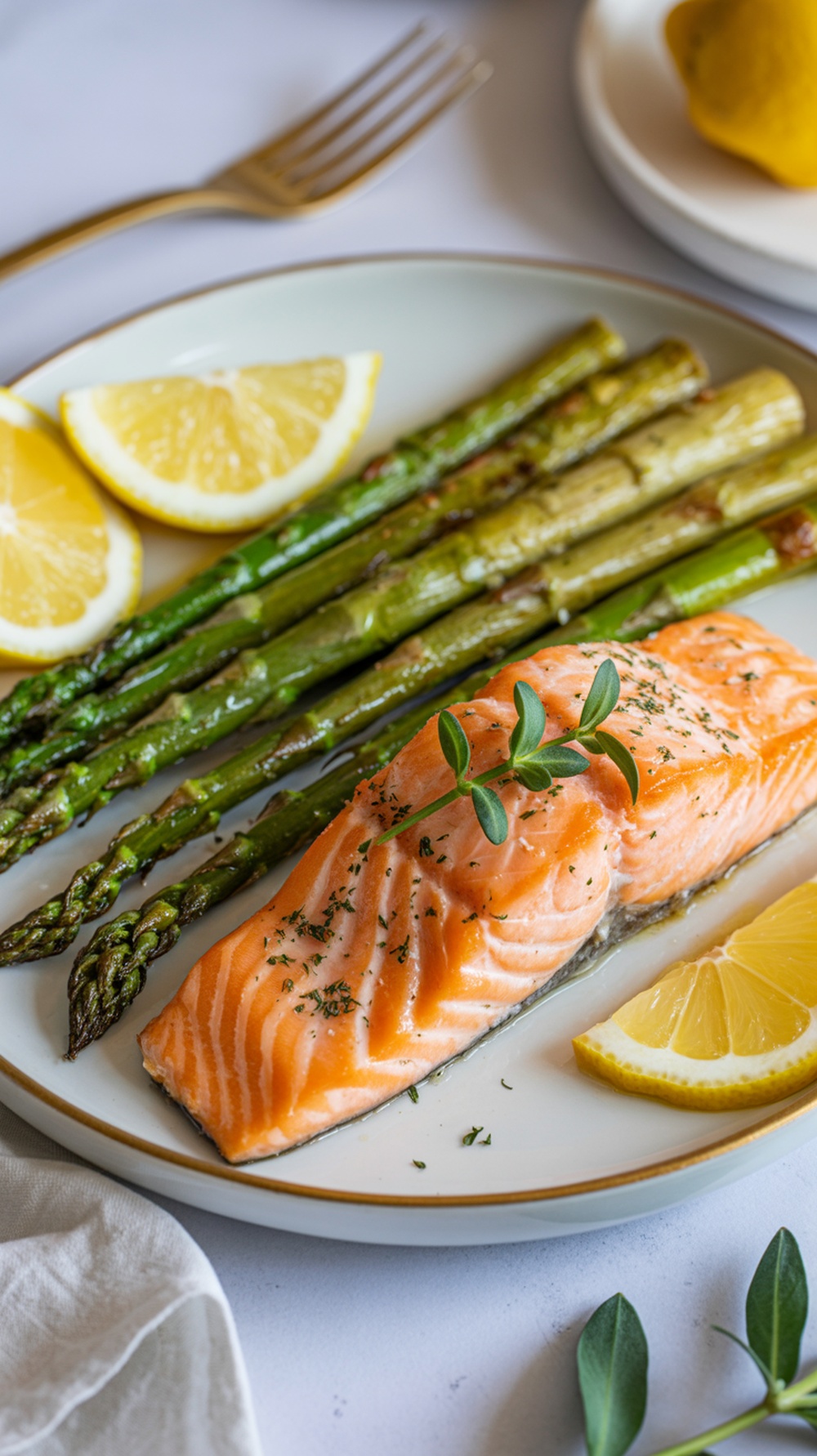 Baked salmon fillet with asparagus and lemon slices on a plate