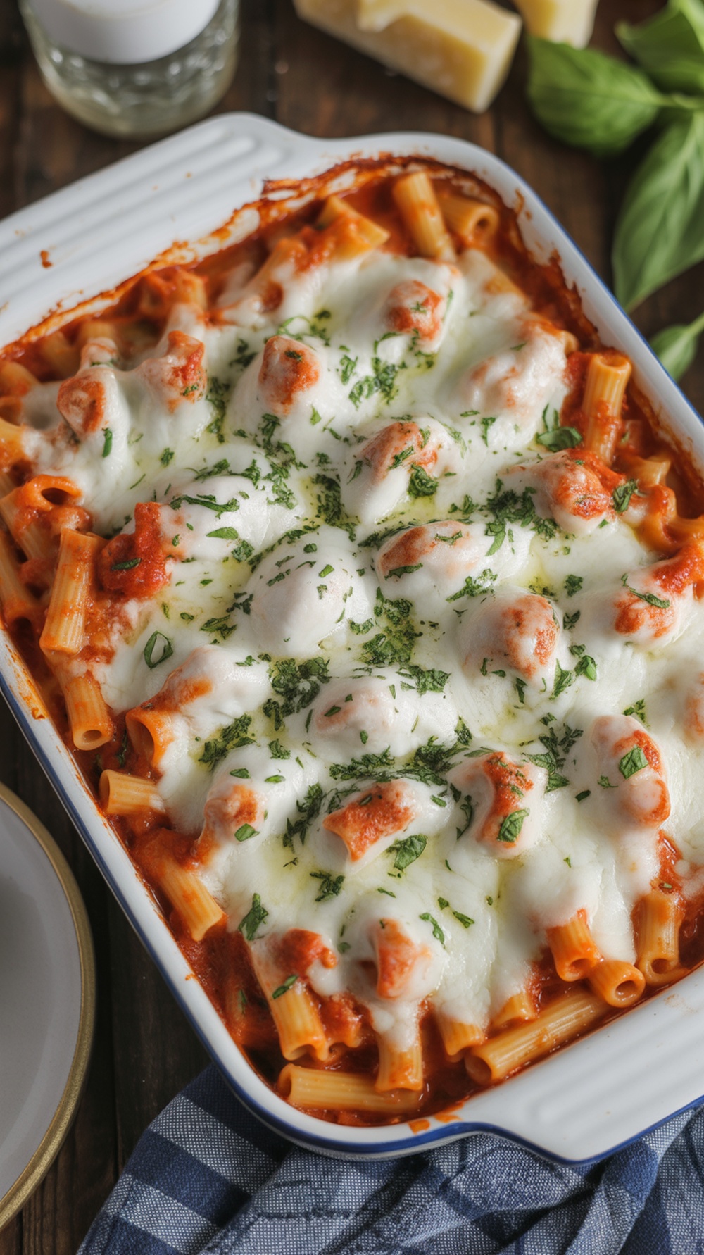 A delicious baked ziti dish topped with melted mozzarella cheese and fresh herbs.