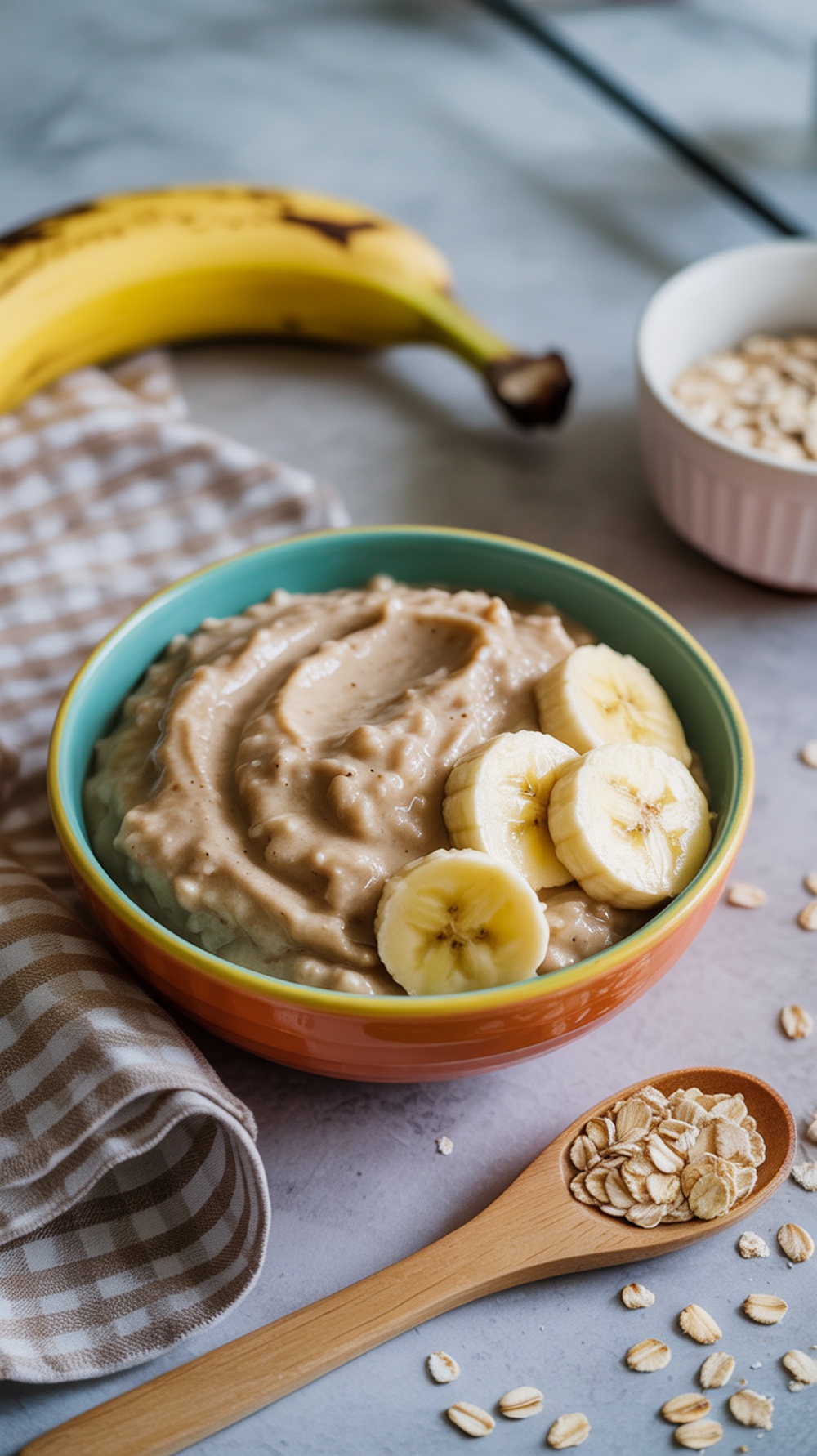 A colorful bowl of banana and oatmeal mash topped with banana slices, surrounded by a banana and oats.