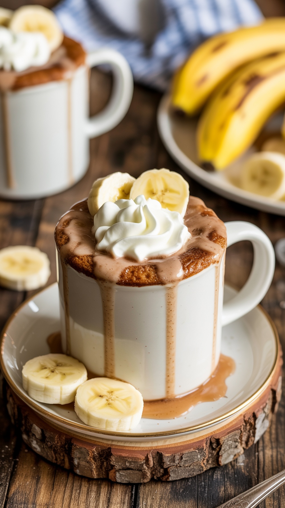 A delicious banana bread mug cake topped with whipped cream and banana slices.