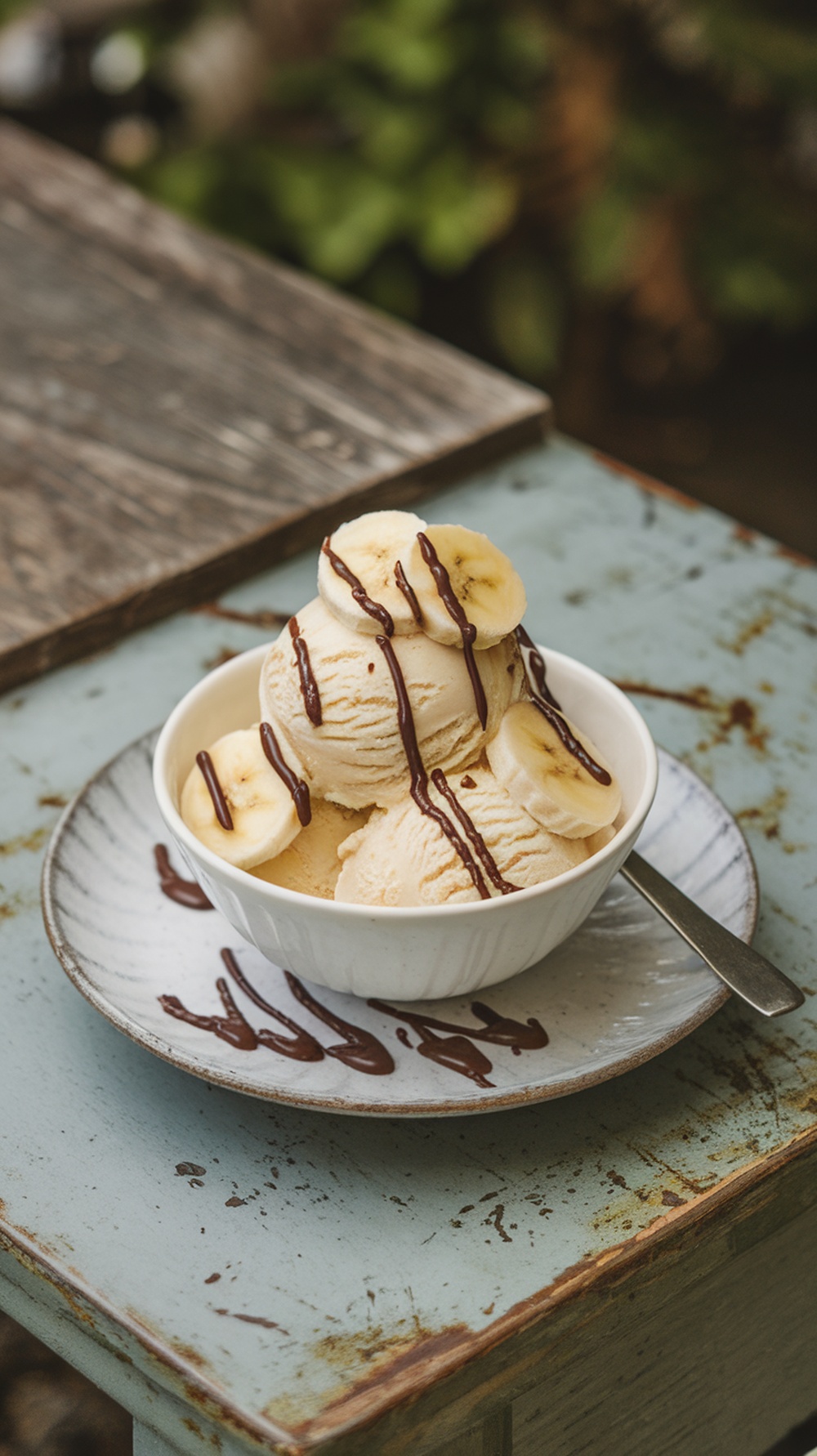 A bowl of banana ice cream topped with banana slices and chocolate syrup.