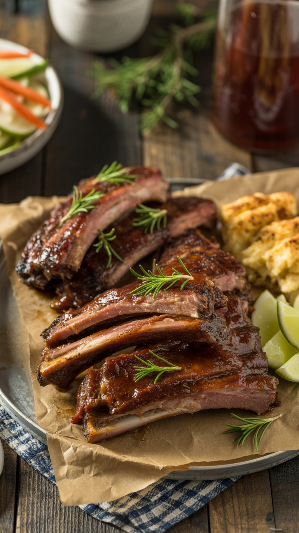 Delicious BBQ beef ribs with a smoky glaze served on a plate.